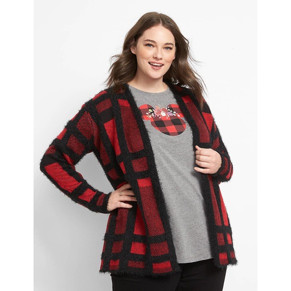 Lane Bryant Women's Open Front Black Red Plaid Eyelash Cardigan 14/16 - Picture 1 of 8